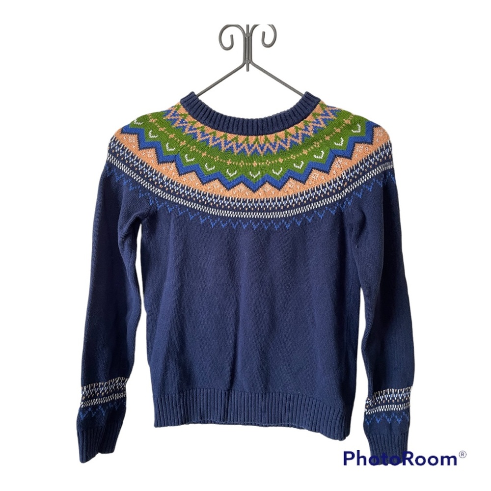 Modcloth Blue Sweater with Green and Orange Accents